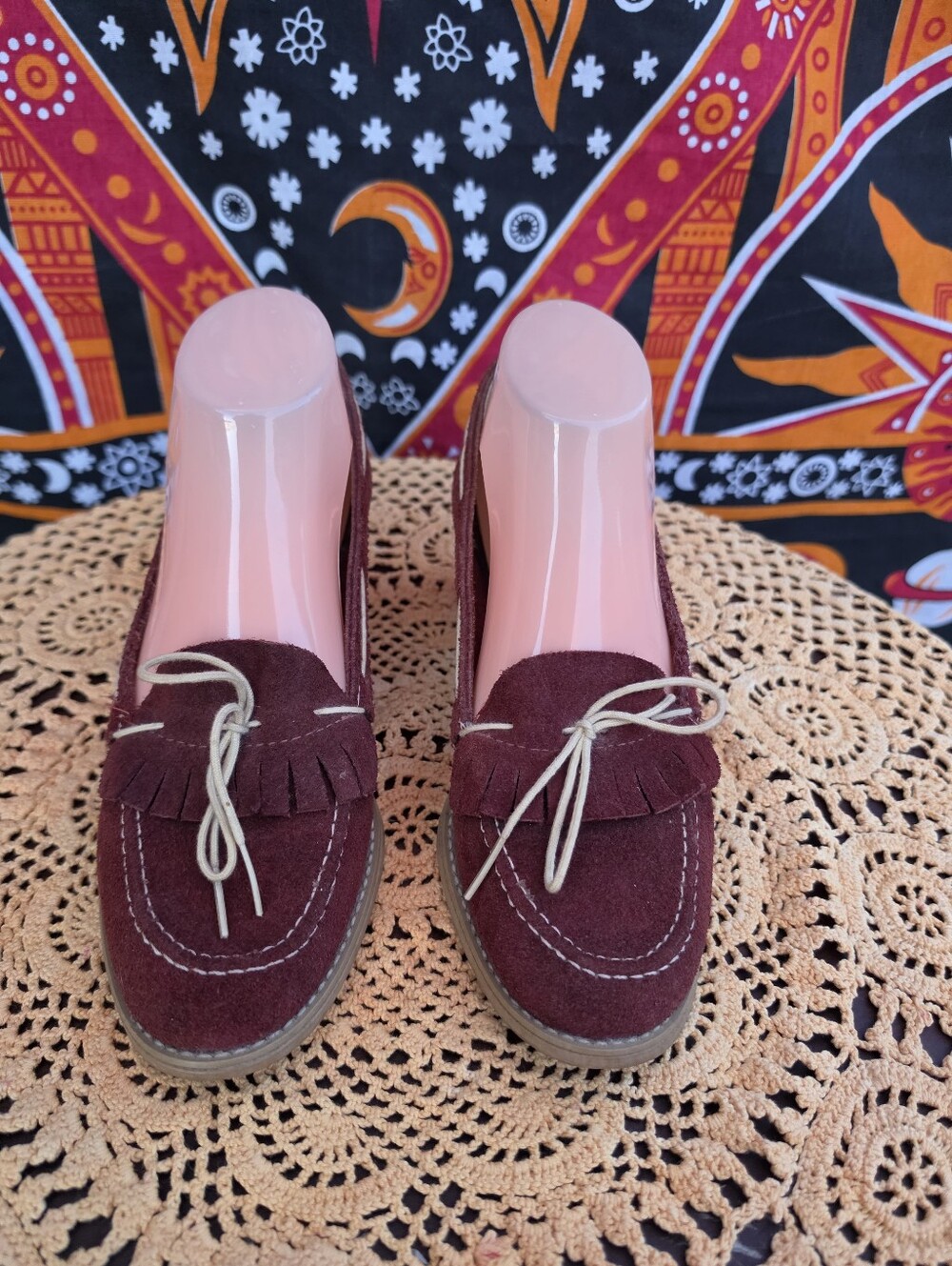 Jessica Burgundy Suede Moccasin Loafers Fringe Bow Low Heel Women's Size 7.5